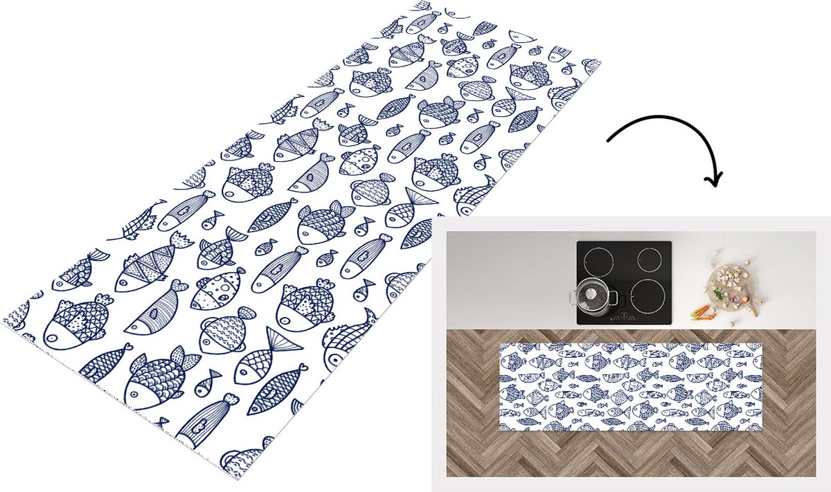 KitchenYeah Keukenloper - Loper keuken - Vissen - Scandinavië - Patronen - 180x60 cm - Keukenloper vinyl Multicolor