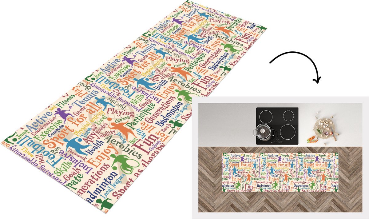 KitchenYeah Keukenloper - Loper keuken - Patroon - Sport - Alfabet - Quotes - 150x50 cm - Keukenloper vinyl Multicolor