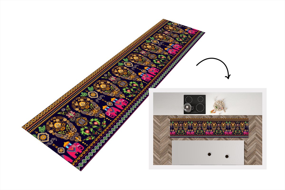 KitchenYeah Keukenloper - Loper keuken - Patronen - Olifant - Roze - 200x50 cm - Keukenloper vinyl Multicolor