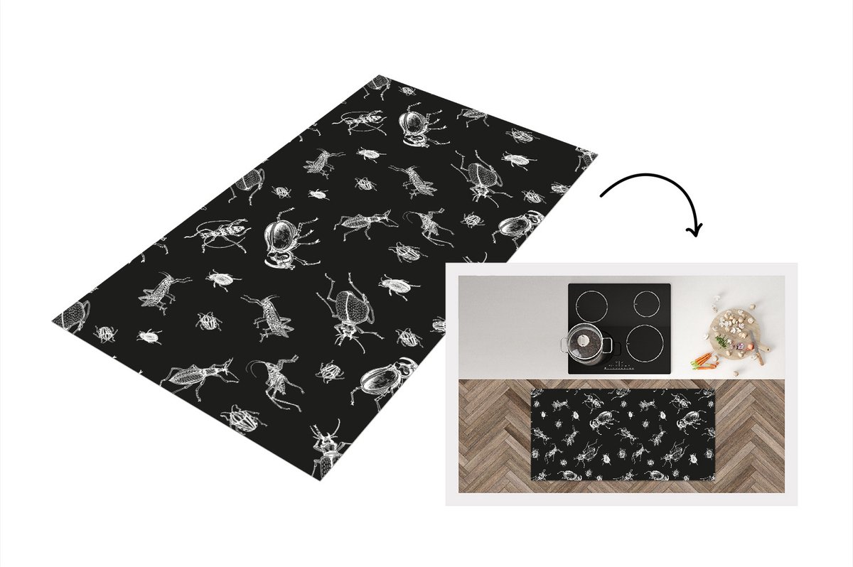 KitchenYeah Keukenloper - Loper keuken - Patronen - Insecten - Zwart Wit - 120x60 cm - Keukenloper vinyl Zwart; Wit