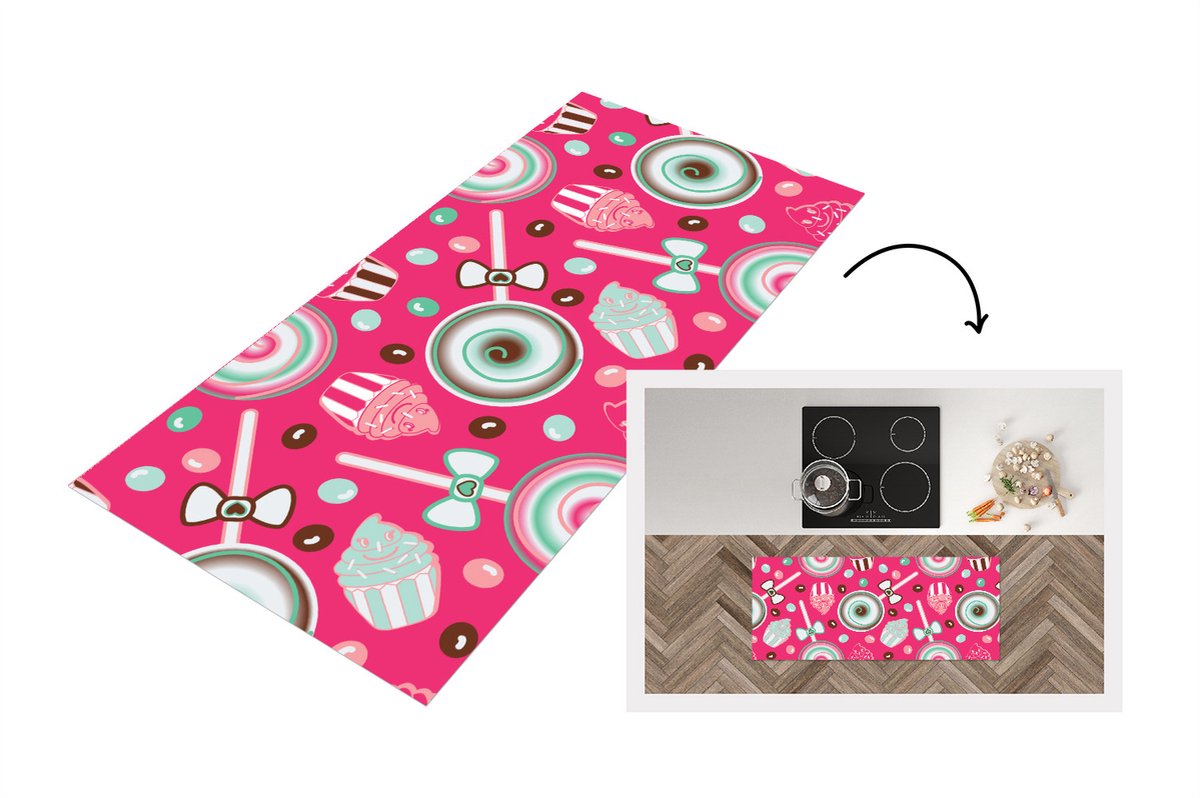 KitchenYeah Keukenloper - Loper keuken - Design - Snoep - Candy - Roze - 120x50 cm - Keukenloper vinyl Multicolor