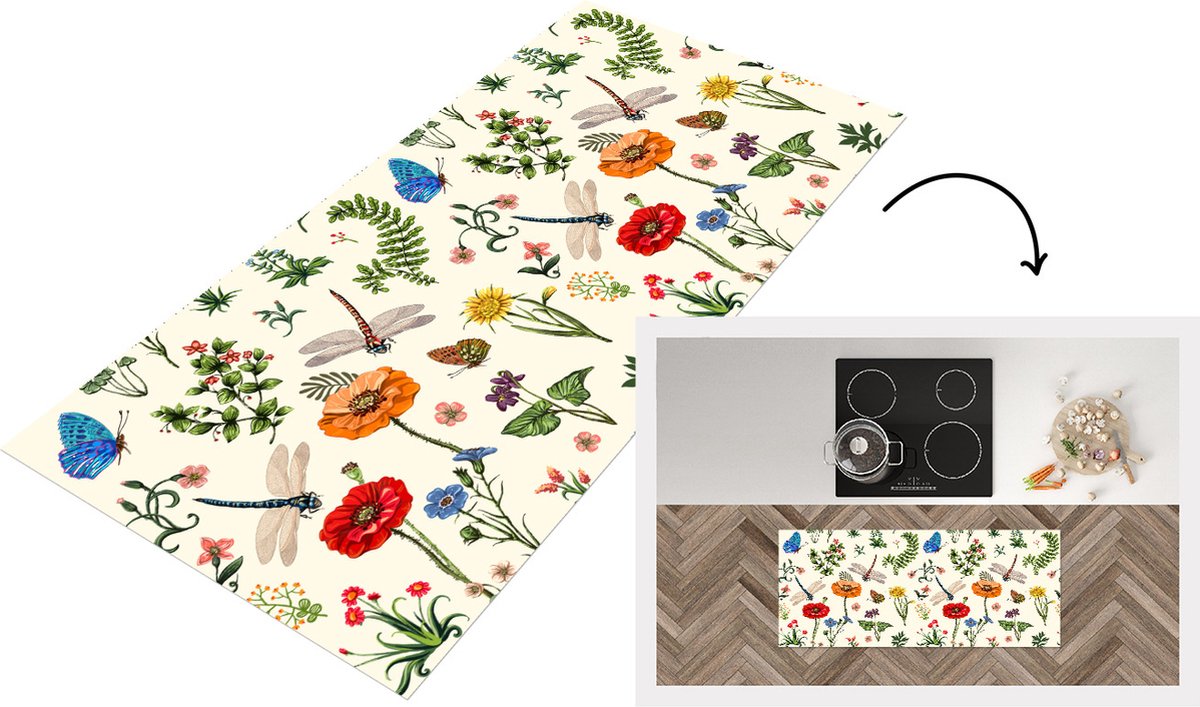KitchenYeah Keukenloper - Loper keuken - Insecten - Bloemen - Zomer - Regenboog - Patroon - Keukenloper vinyl Multicolor