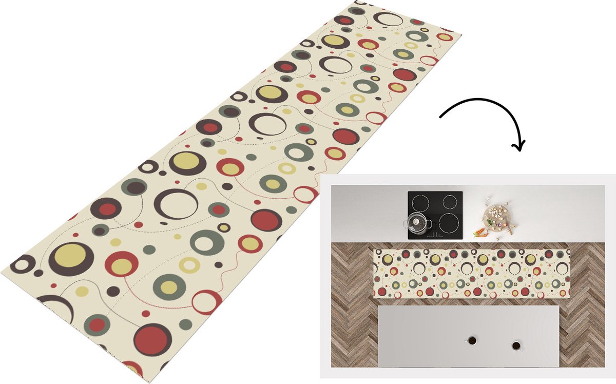KitchenYeah Keukenloper - Loper keuken - Cirkel - Lijn - Design - 240x60 cm - Keukenloper vinyl Multicolor