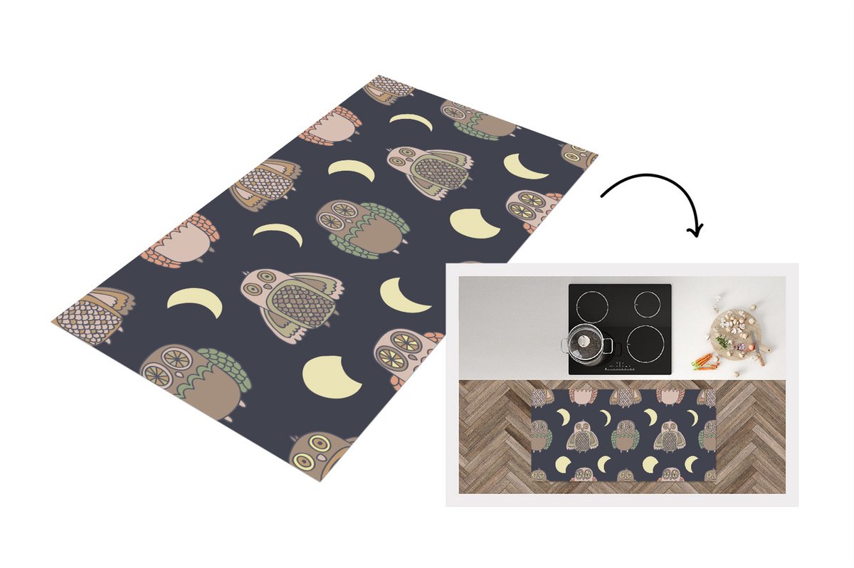 KitchenYeah Keukenloper - Loper keuken - Uil - Patronen - Maan - 120x60 cm - Keukenloper vinyl Multicolor
