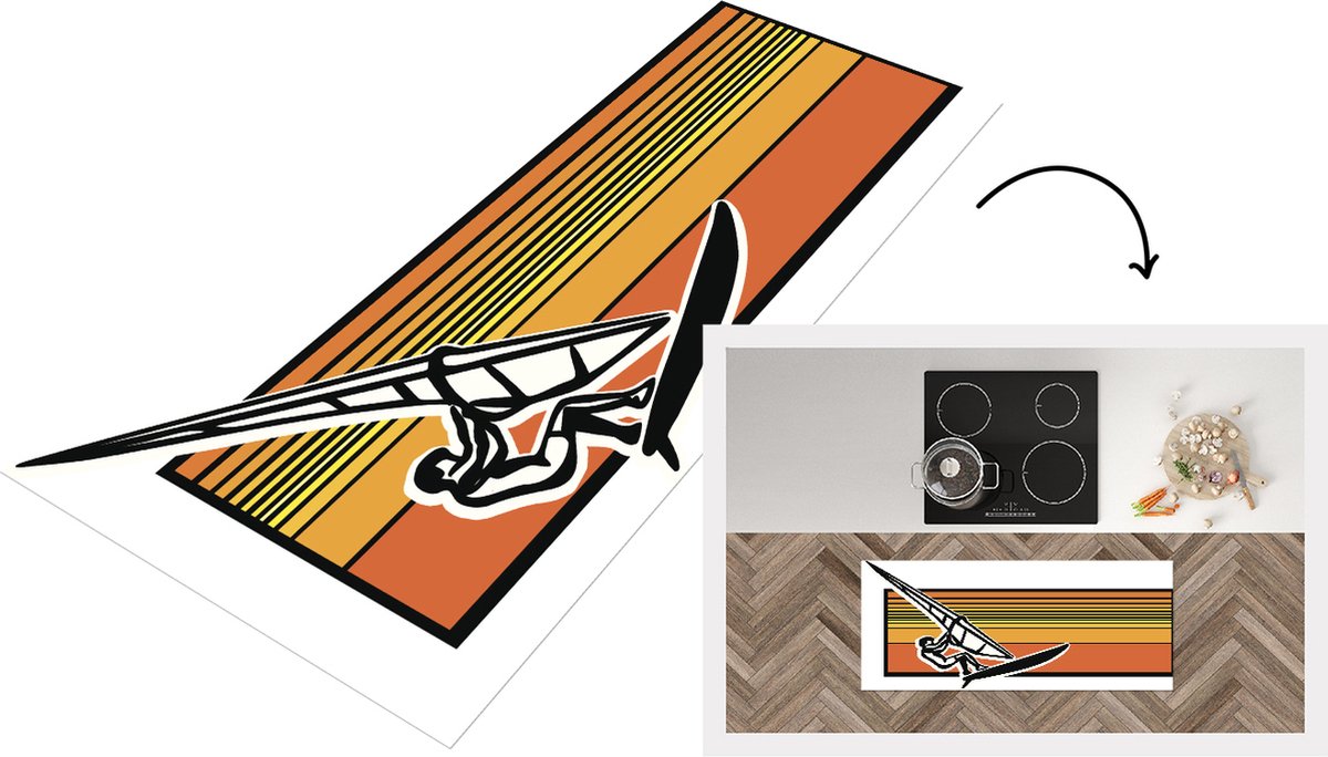 KitchenYeah Keukenloper - Loper keuken - Een historische illustratie van een persoon die aan het windsurfen is - 120x50 cm - Keukenloper vinyl Multicolor