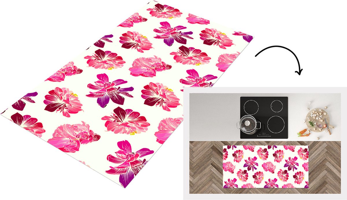 KitchenYeah Keukenloper - Loper keuken - Bloemen - Roze - Patroon - 120x60 cm - Keukenloper vinyl Multicolor