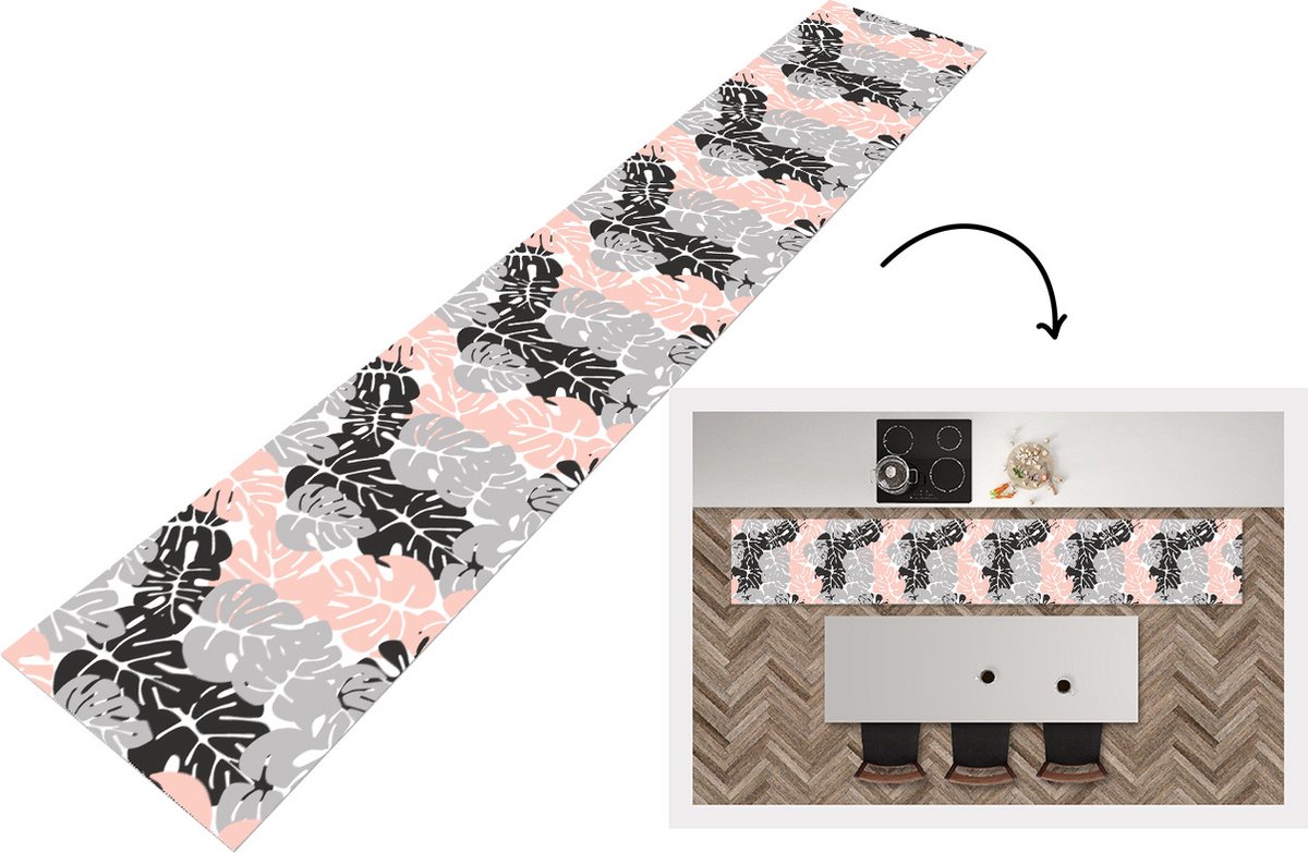 KitchenYeah Keukenloper - Loper keuken - Monstera - Pastel - Patronen - Bladeren - 300x50 cm - Keukenloper vinyl Multicolor