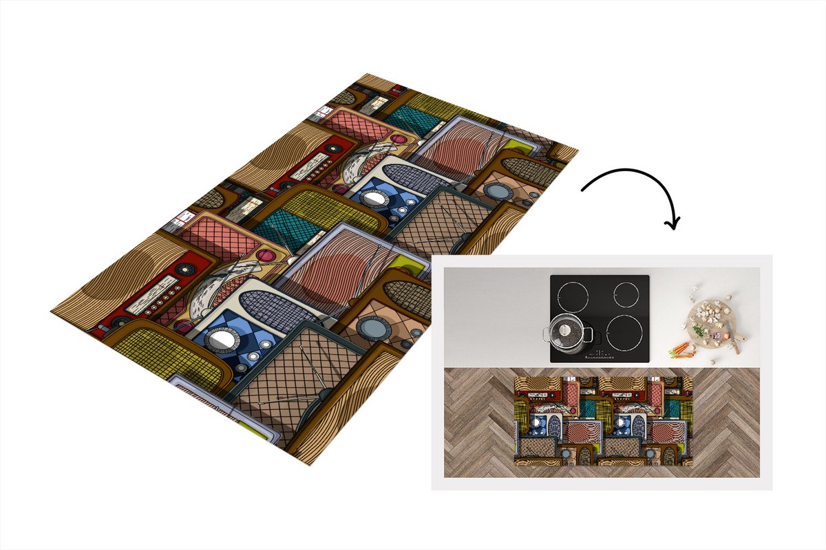 KitchenYeah Keukenloper - Loper keuken - Tieners - Radio - Patronen - Retro - 120x60 cm - Keukenloper vinyl Multicolor