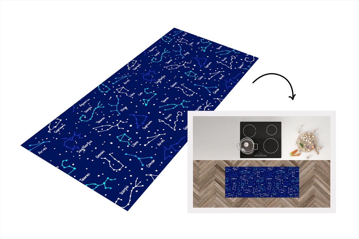 KitchenYeah Keukenloper - Loper keuken - Zodiac - Sterrenhemel - Nacht - Patronen - Jongens - 120x50 cm - Keukenloper vinyl Multicolor