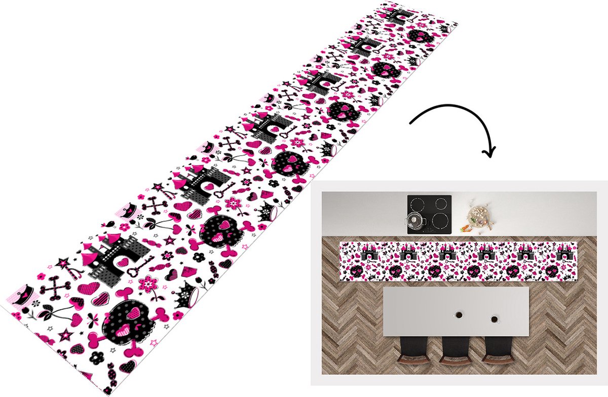 KitchenYeah Keukenloper - Loper keuken - Meiden - Kroon - Hart - Patronen - 300x50 cm - Keukenloper vinyl Multicolor