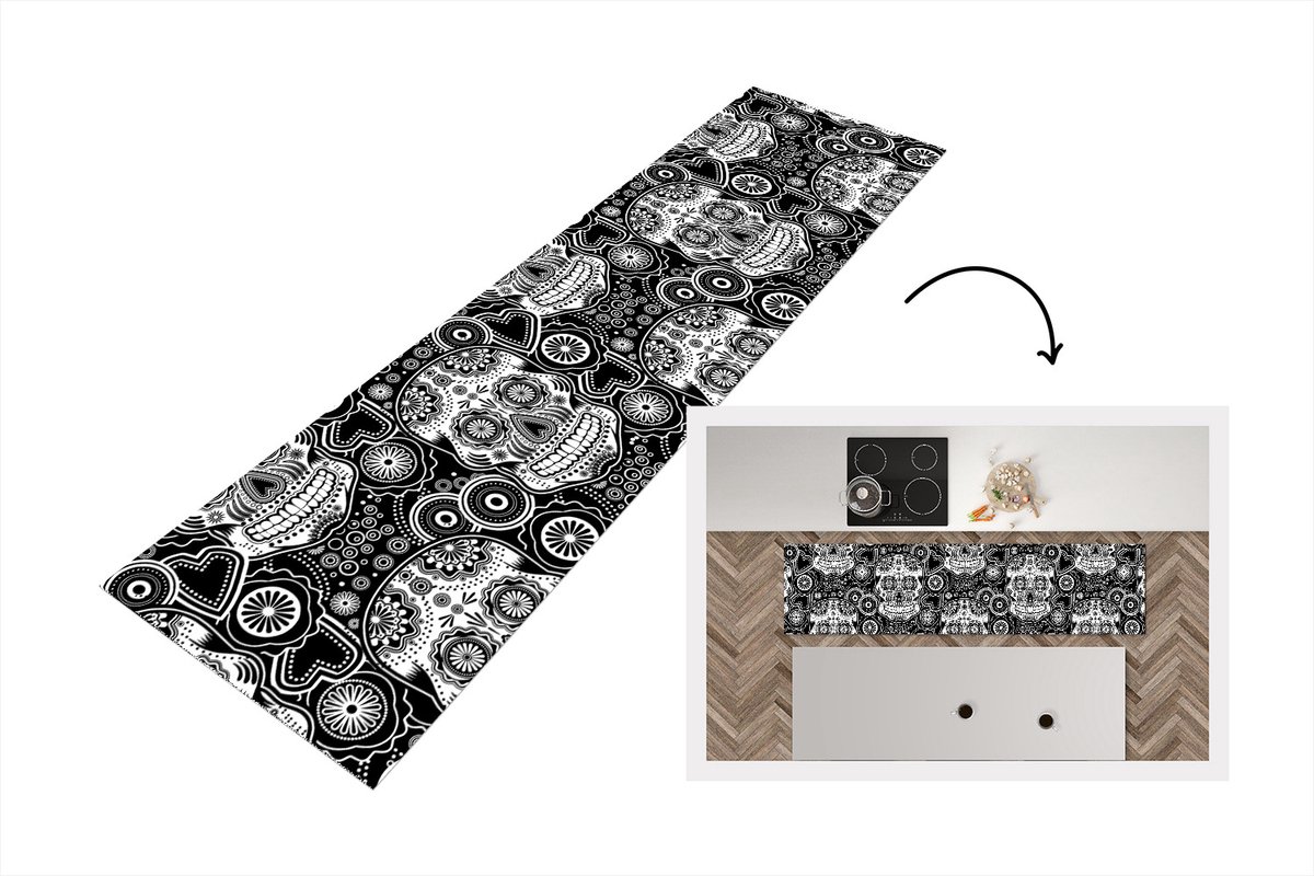 KitchenYeah Keukenloper - Loper keuken - Tieners - Skull - Bloemen - Patronen - 240x60 cm - Keukenloper vinyl Multicolor