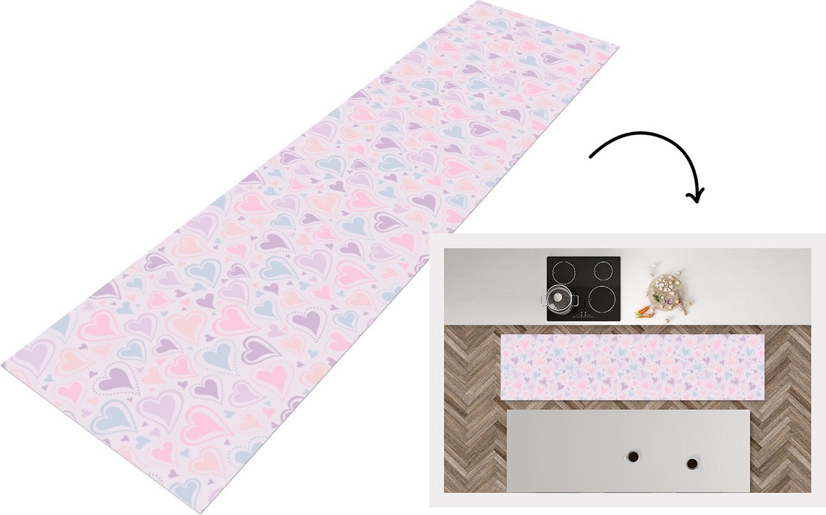 KitchenYeah Keukenloper - Loper keuken - Meiden - Hartjes - Patronen - 200x50 cm - Keukenloper vinyl Multicolor