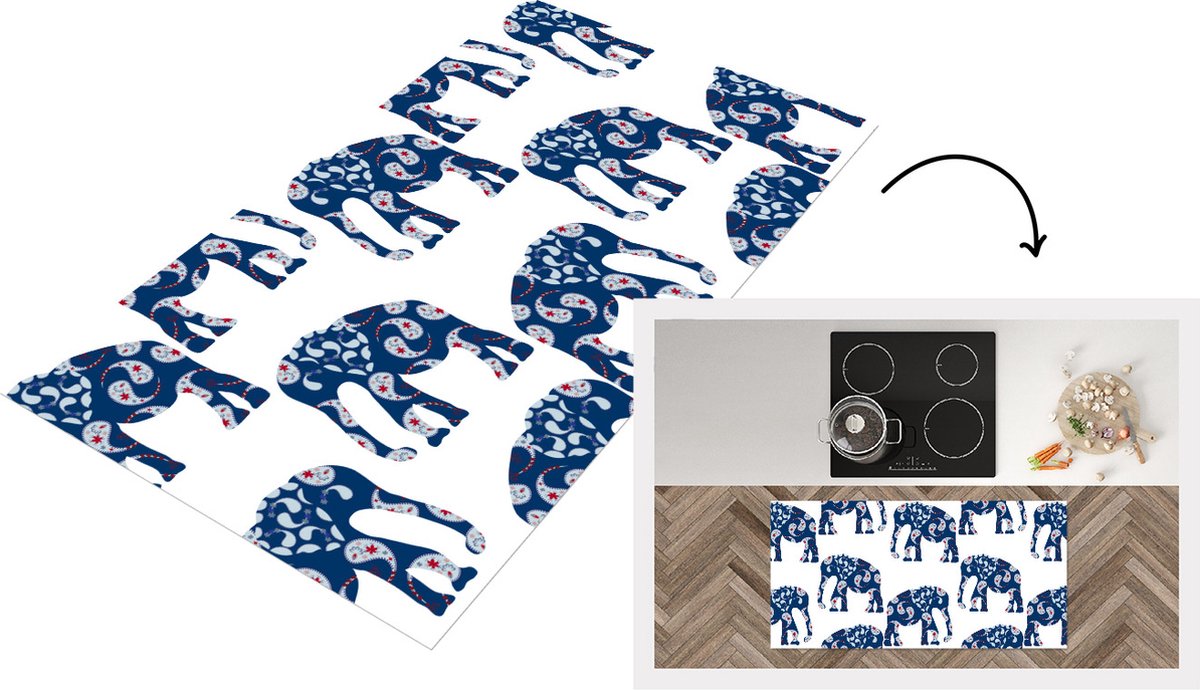KitchenYeah Keukenloper - Loper keuken - Olifant - Dier - Patroon - 120x60 cm - Keukenloper vinyl Multicolor