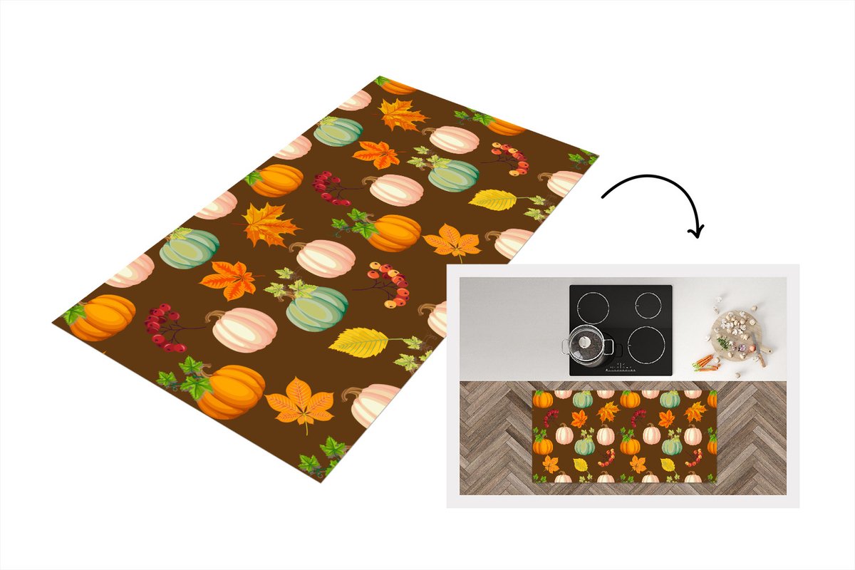 KitchenYeah Keukenloper - Loper keuken - Herfst - Pompoenen - Patronen - 120x60 cm - Keukenloper vinyl Multicolor