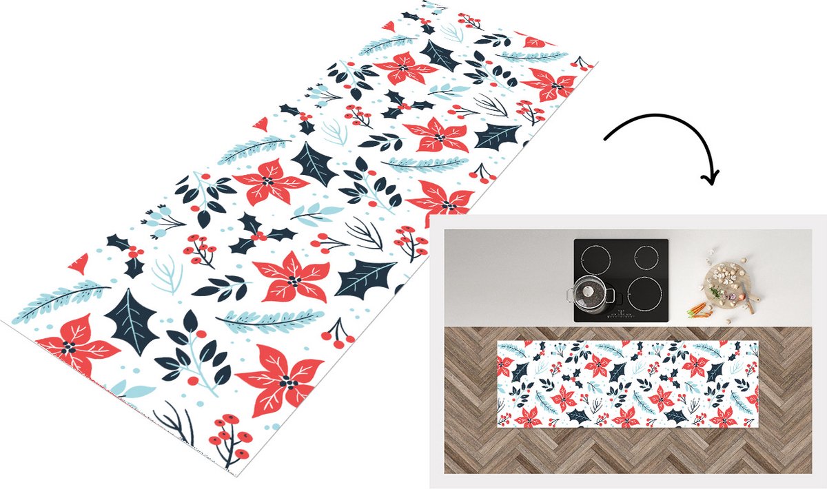 KitchenYeah Keukenloper - Loper keuken - Winter - Bloemen - Kerst - Patronen - 180x60 cm - Keukenloper vinyl Multicolor
