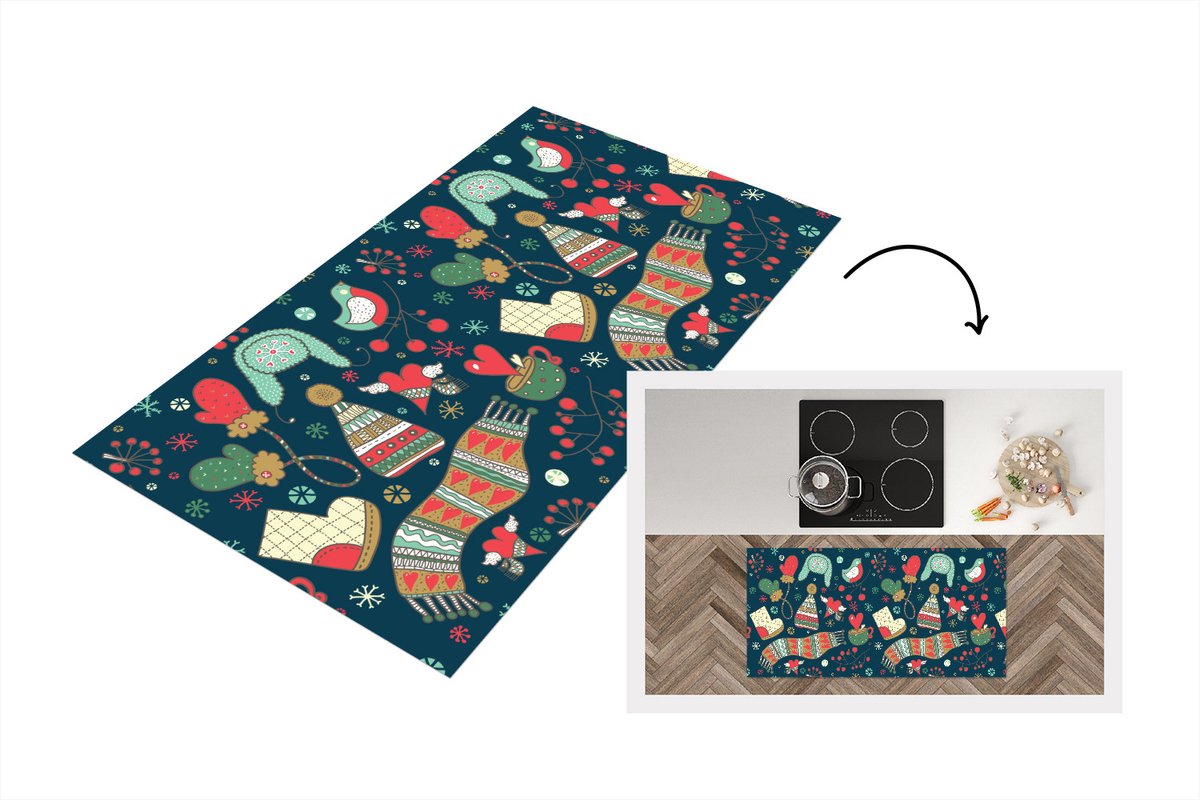 KitchenYeah Keukenloper - Loper keuken - Winter - Design - Thee - Handschoenen - Muts - 120x60 cm - Keukenloper vinyl Multicolor