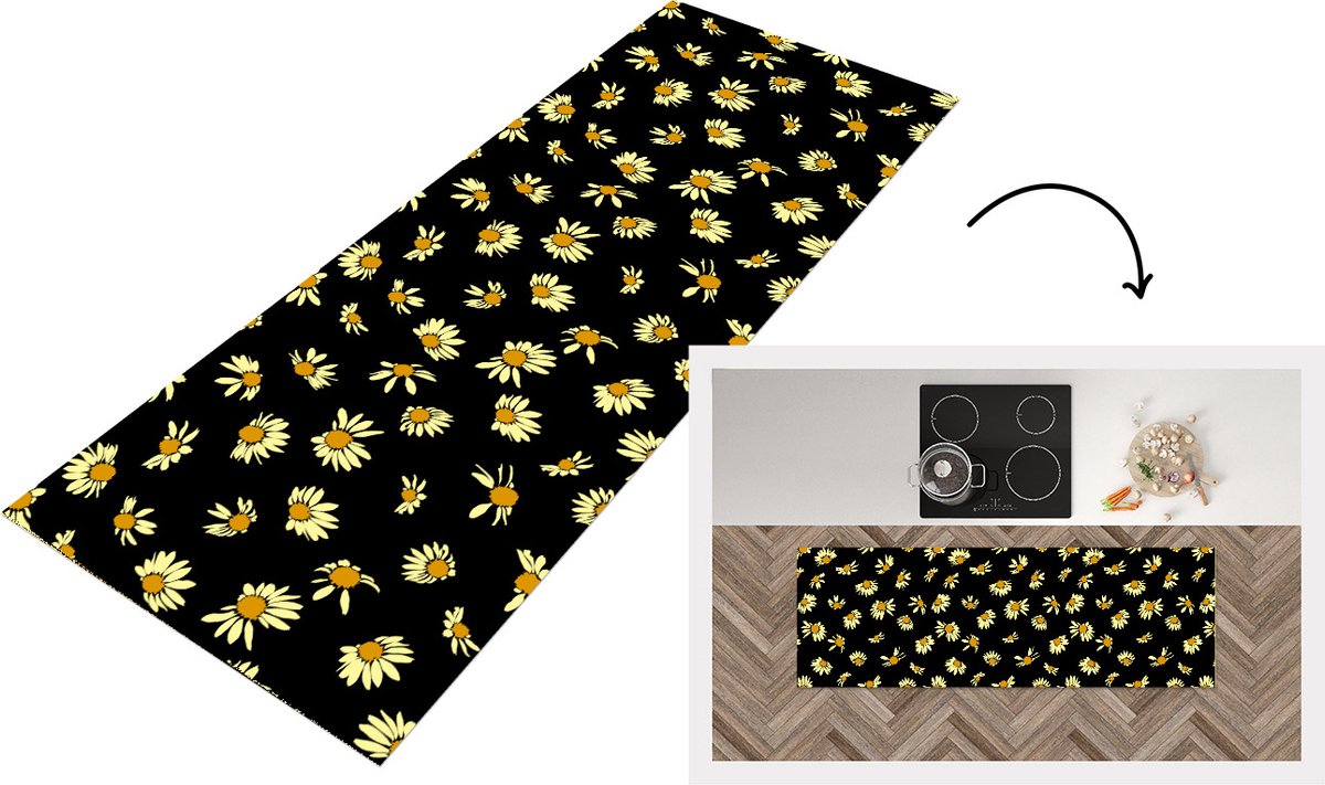 KitchenYeah Keukenloper - Loper keuken - Madelief - Zwart - Patroon - 150x50 cm - Keukenloper vinyl Multicolor
