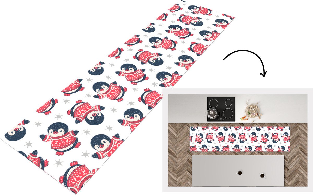 KitchenYeah Keukenloper - Loper keuken - Pinguïn - Patronen - Sterren - 240x60 cm - Keukenloper vinyl Multicolor