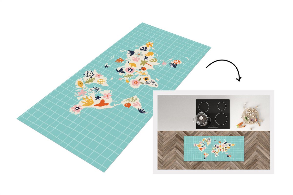 KitchenYeah Keukenloper - Loper keuken - Kinderkamer - Wereldkaart - Bloemen - Fruit - 120x50 cm - Keukenloper vinyl Multicolor
