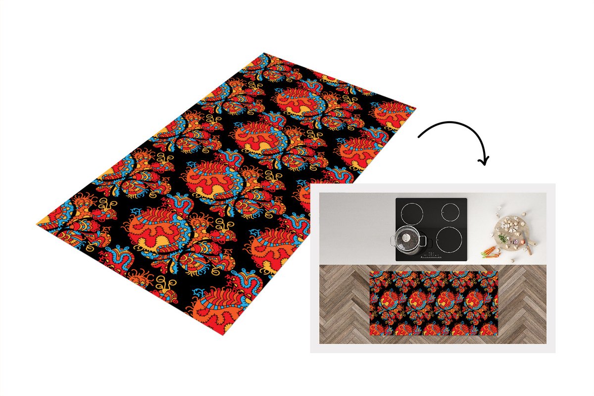 KitchenYeah Keukenloper - Loper keuken - Draak - Patronen - Oud en Nieuw - 120x60 cm - Keukenloper vinyl Multicolor