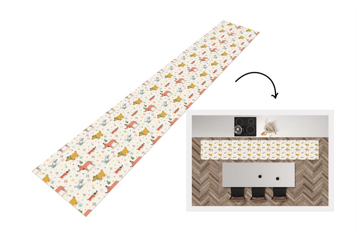 KitchenYeah Keukenloper - Loper keuken - Hond - Teckel - Patronen - Bloemen - 300x50 cm - Keukenloper vinyl Multicolor