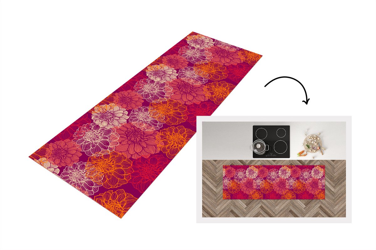 KitchenYeah Keukenloper - Loper keuken - Bloemen - Regenboog - Dahlia - Patronen - 150x50 cm - Keukenloper vinyl Multicolor