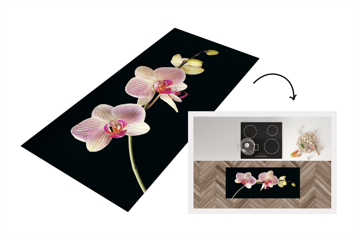 KitchenYeah Keukenloper - Loper keuken - Orchidee tegen zwarte achtergrond - Keukenloper vinyl Multicolor