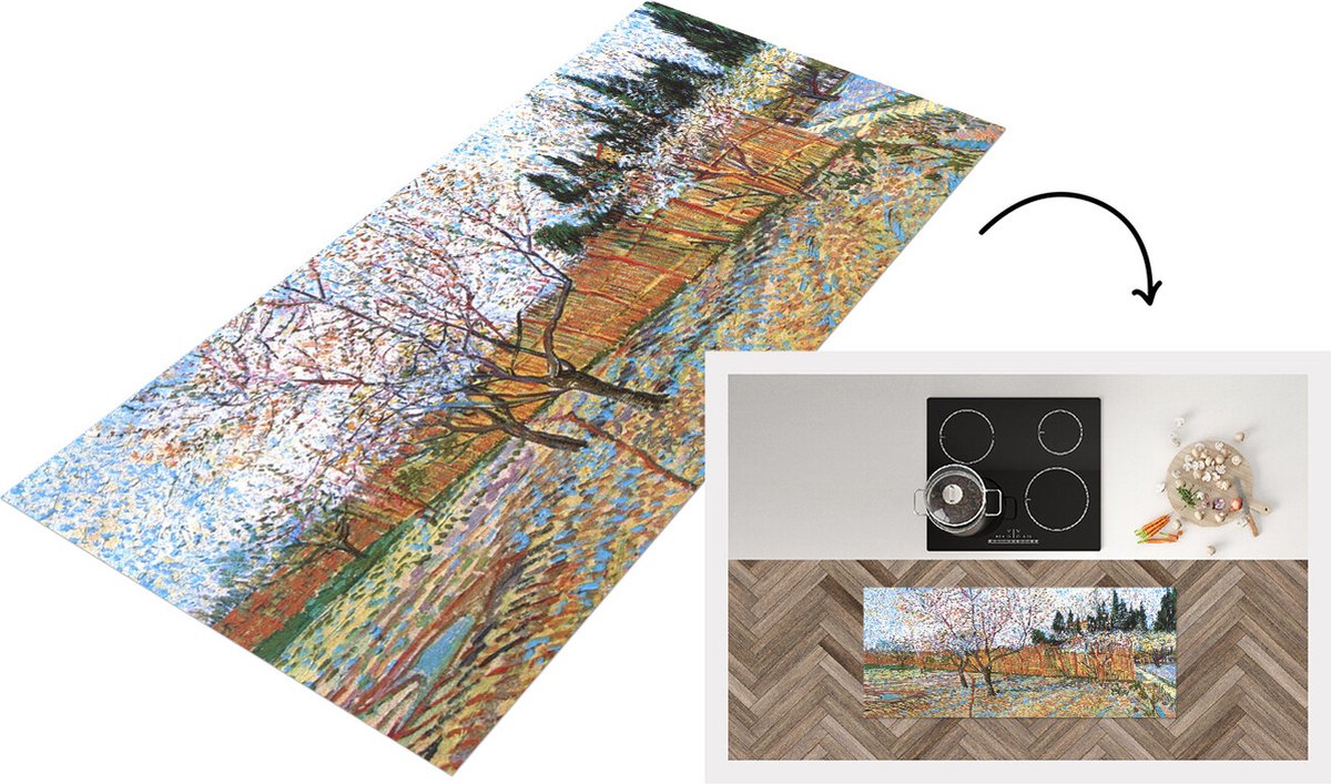 KitchenYeah Keukenloper - Loper keuken - Bloeiende perzikboom - Vincent van Gogh - Keukenloper vinyl Multicolor