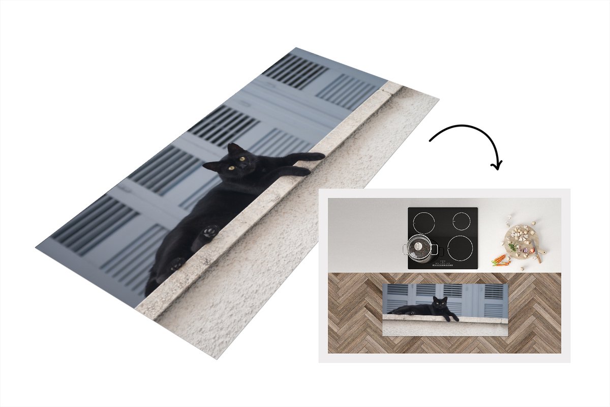 KitchenYeah Keukenloper - Loper keuken - Kat - Zwart - luiken - 120x50 cm - Keukenloper vinyl Multicolor