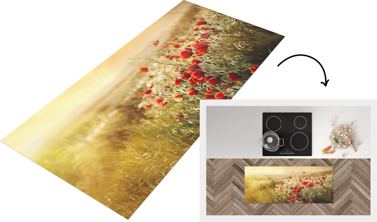 KitchenYeah Keukenloper - Loper keuken - Zonnestralen over een bos Klaprozen - Keukenloper vinyl Multicolor