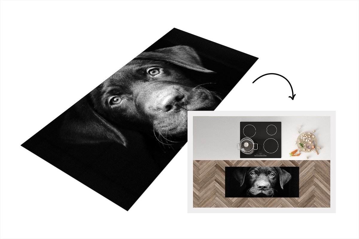 KitchenYeah Keukenloper - Loper keuken - Close-up labrador puppy tegen zwarte achtergrond in zwart-wit - 120x50 cm - Keukenloper vinyl Zwart; Wit