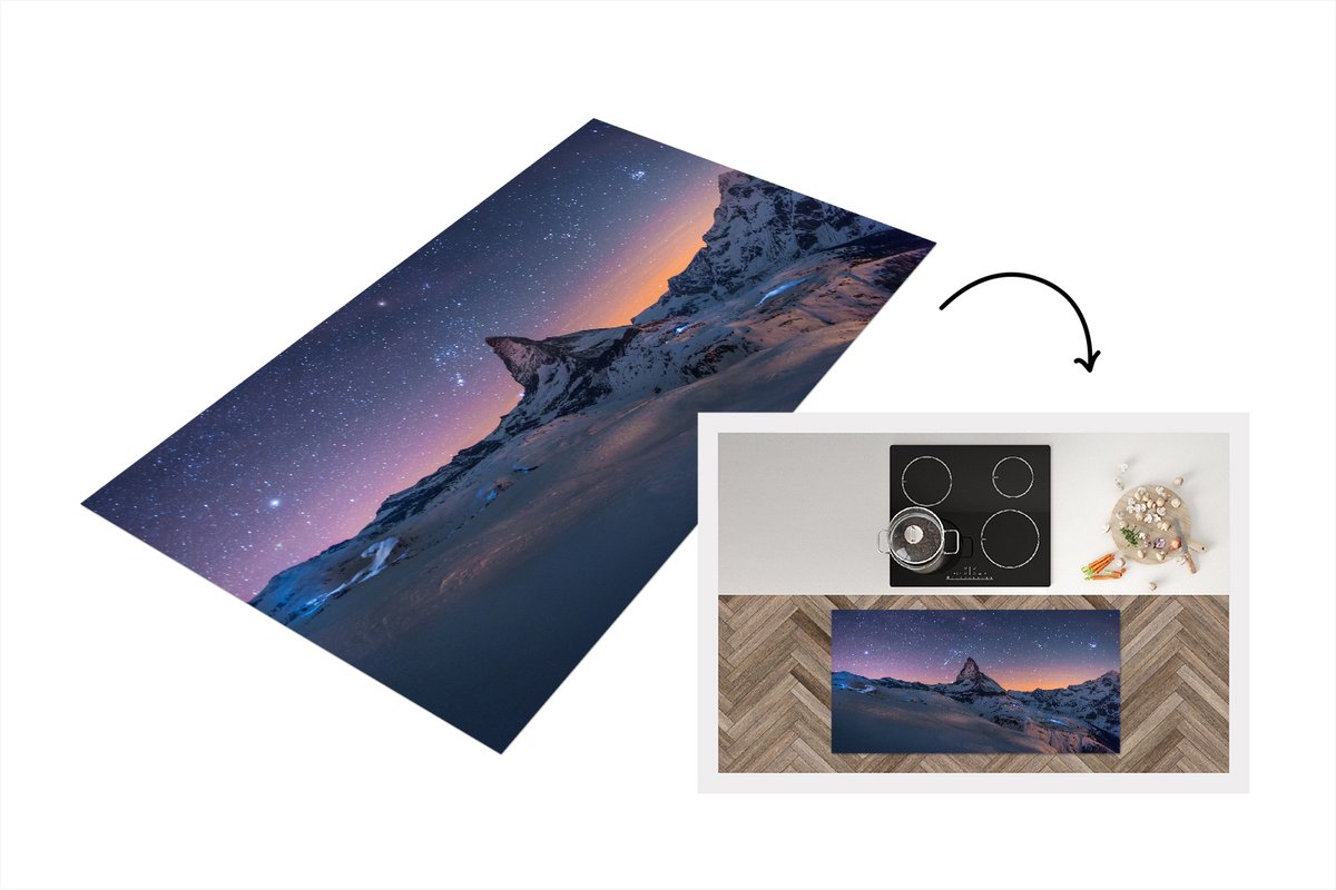 KitchenYeah Keukenloper - Loper keuken - Nacht boven het landschap tijdens de winter van Zwitserse Matterhorn - 120x60 cm - Keukenloper vinyl Multicolor