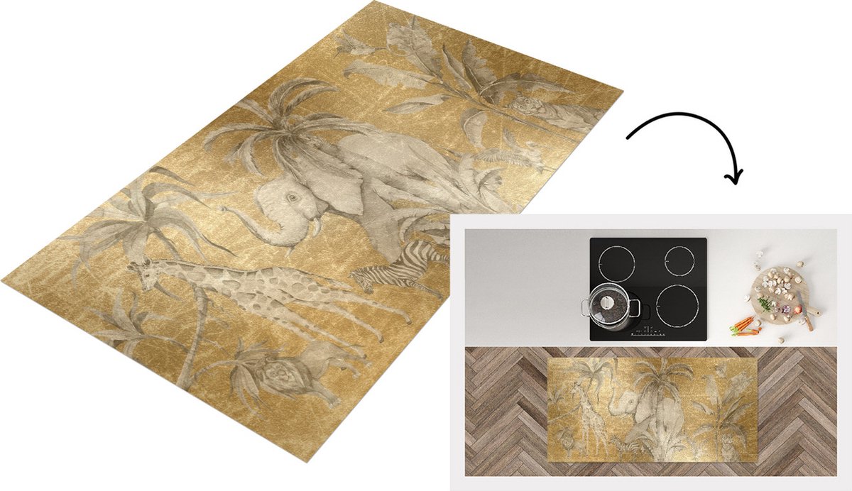 KitchenYeah Keukenloper - Loper keuken - Jungle Decoratie - Kinderen - Olifanten - Goud - 120x60 cm - Keukenloper vinyl Multicolor