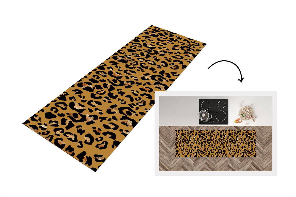 KitchenYeah Keukenloper - Loper keuken - Luxe - Panterprint - Goud - 180x60 cm - Keukenloper vinyl Multicolor