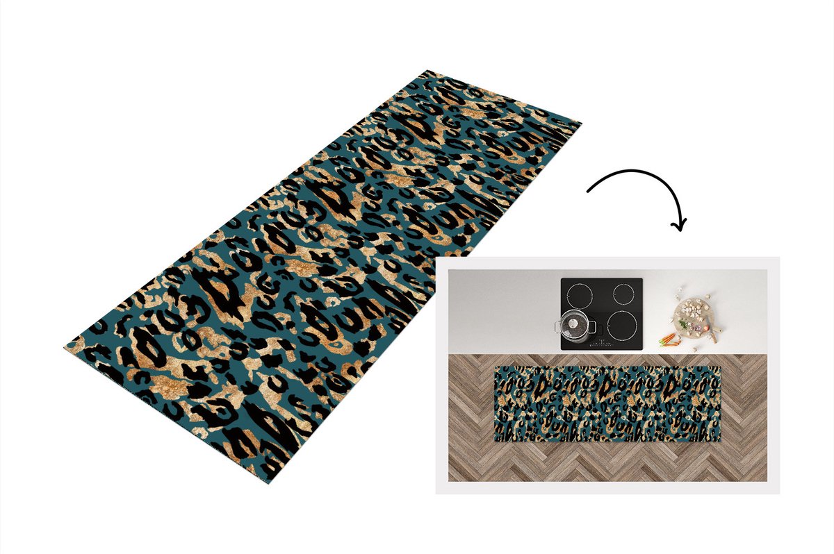 KitchenYeah Keukenloper - Loper keuken - Dierenprint - Panter - Bruin - Turquoise - Keukenloper vinyl, foto 2