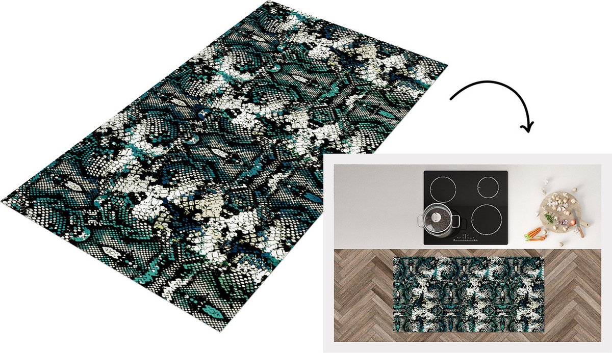 KitchenYeah Keukenloper - Loper keuken - Dierenprint - Turquoise - Wit - 120x60 cm - Keukenloper vinyl Multicolor