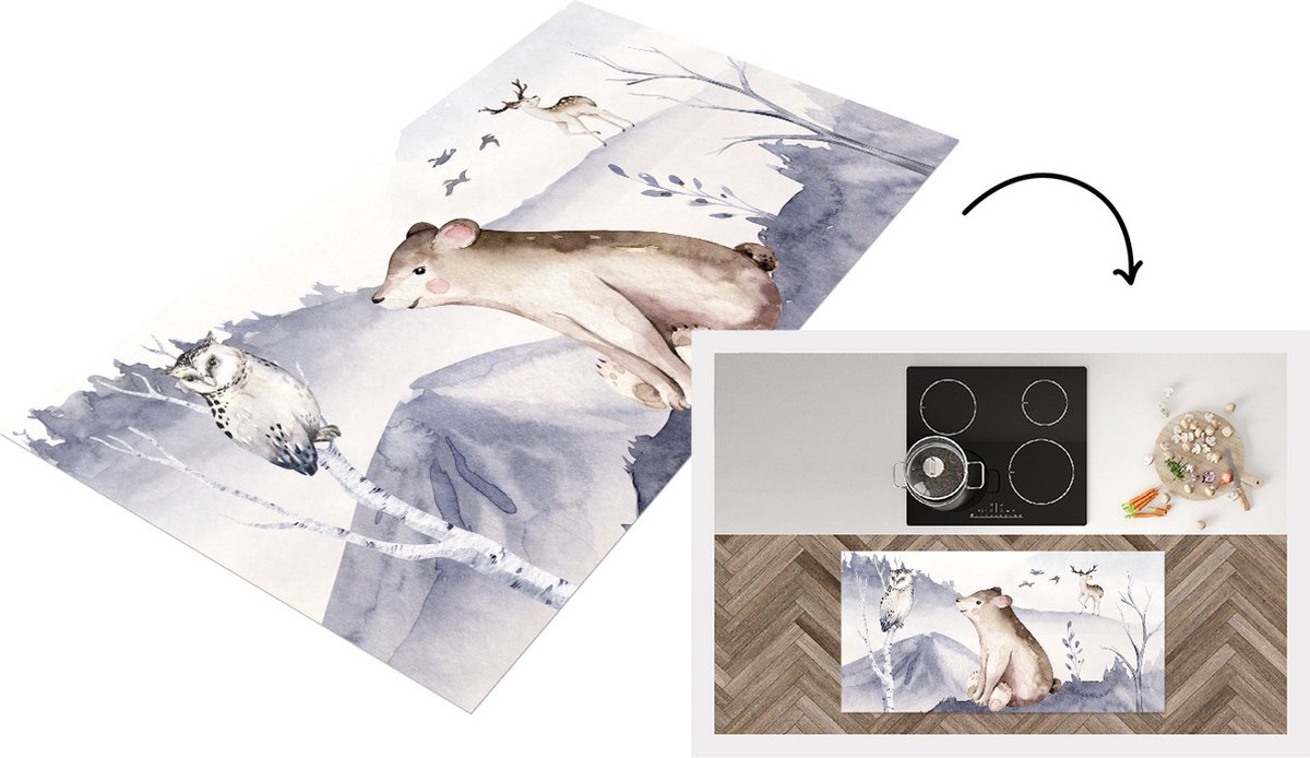 KitchenYeah Keukenloper - Loper keuken - Beer - Winter - Sneeuw - 120x60 cm - Keukenloper vinyl Multicolor