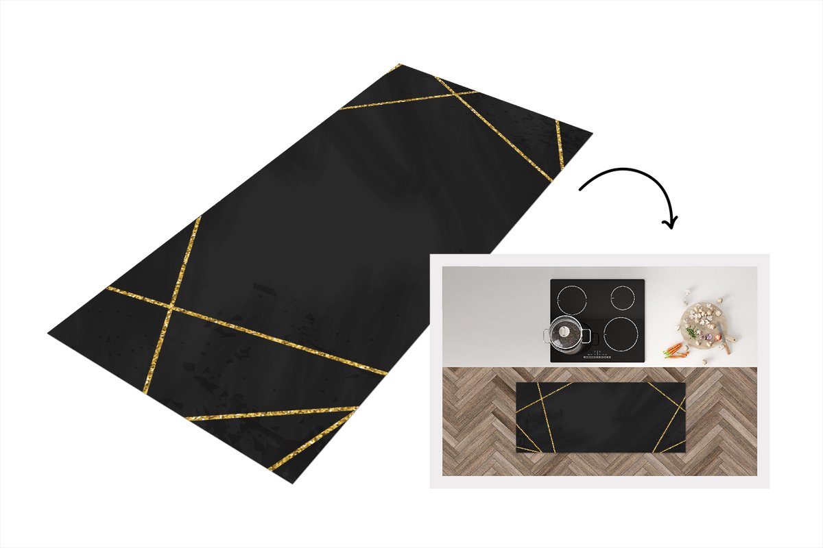 KitchenYeah Keukenloper - Loper keuken - Geometrisch patroon van gouden lijnen op een zwarte achtergrond - 120x50 cm - Keukenloper vinyl Multicolor