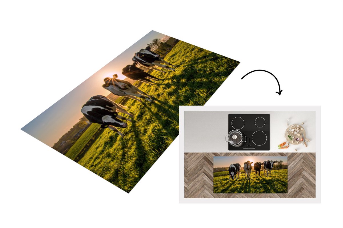 KitchenYeah Keukenloper - Loper keuken - Koeien - Gras - Zon - 120x60 cm - Keukenloper vinyl Multicolor