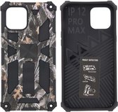 Hoesje Geschikt voor iPhone 12 Pro Max Hoesje - Rugged Extreme Backcover Takjes Camouflage met Kickstand - Grijs