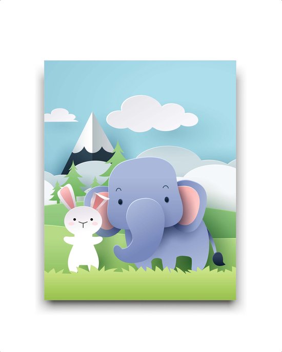 Schilderij Olifant en konijn met berg en wolkje links - dieren van papier / Jungle / Safari