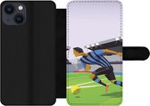 Bookcase Geschikt voor iPhone 13 telefoonhoesje - Een illustratie van spelers die voetballen in een stadion - Jongetje - Meisjes - Kinderen - Met vakjes - Wallet case met magneetsluiting