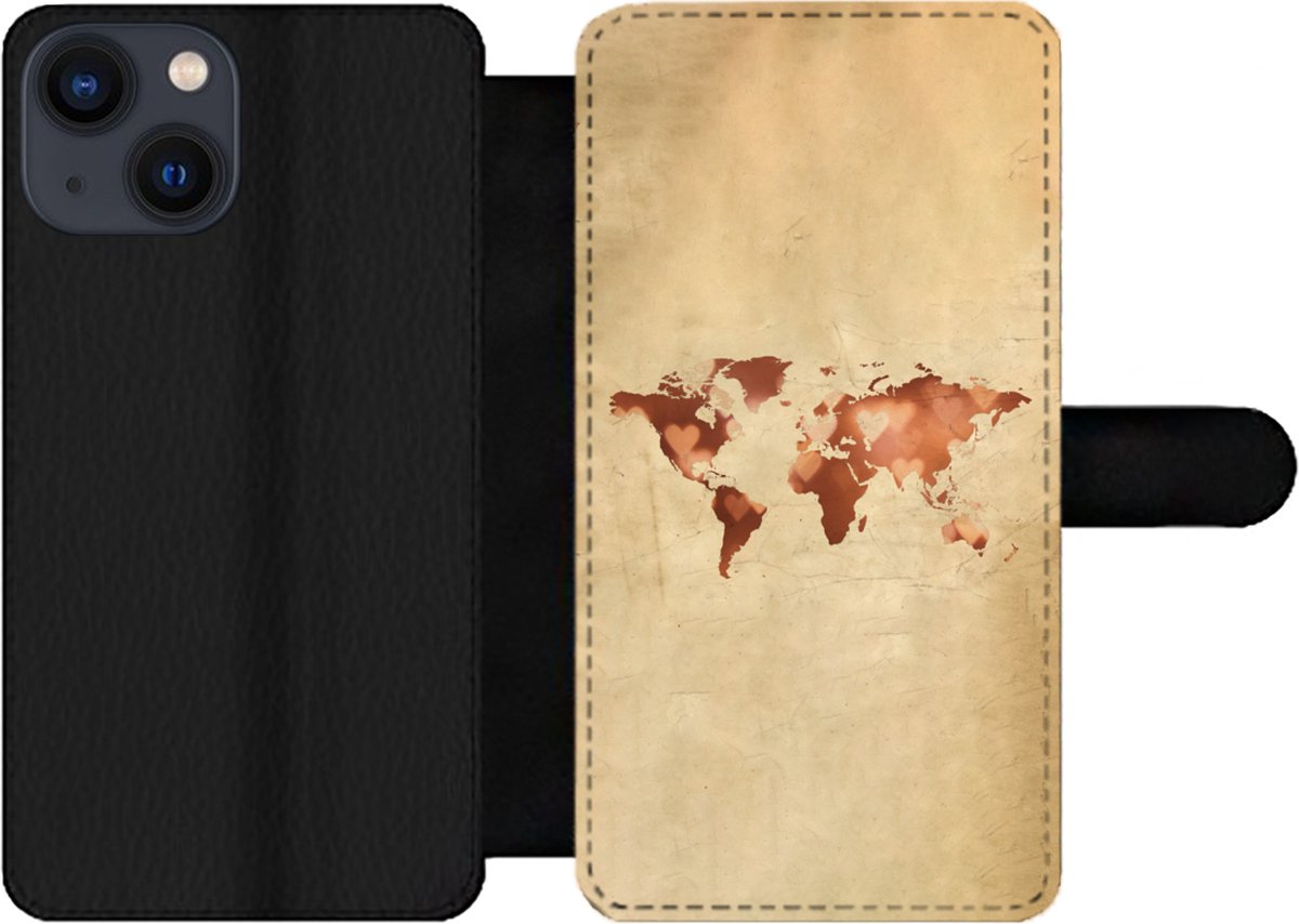 Telefoonhoesje Geschikt voor iPhone 13 Mini telefoonhoesje - Wereldkaart - Hart - Bruin - Met vakjes - Wallet case met magneetsluiting
