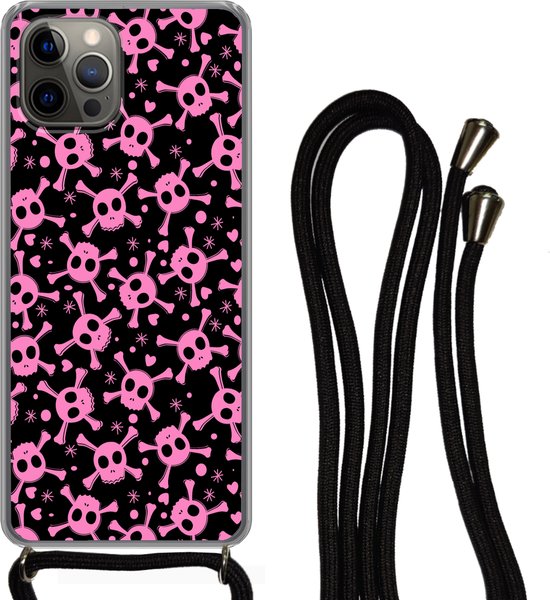 Hoesje met koord Geschikt voor iPhone 13 Pro - Meisje - Piraten - Roze - Patronen - Girl - Kind - Kinderen - Siliconen - Crossbody - Backcover met Koord - Telefoonhoesje met koord - Hoesje met touw