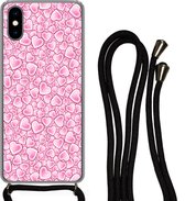 Hoesje met koord Geschikt voor iPhone XS - Meiden - Hartjes - Roze - Patronen - Girl - Kindje - Kinderen - Siliconen - Crossbody - Backcover met Koord - Telefoonhoesje met koord - Hoesje met touw