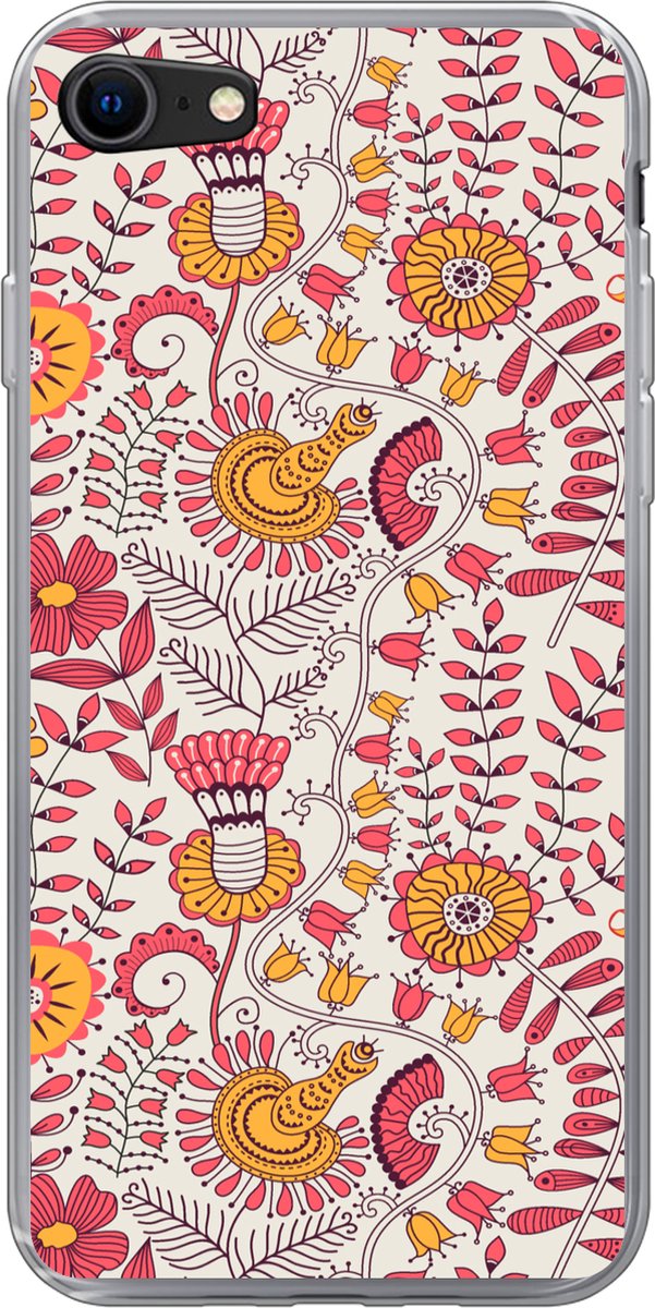 Telefoonhoesje Geschikt voor iPhone SE 2020 hoesje - Bloemen - Design - Roze - Oranje - Siliconen Telefoonhoesje Telefoonhoesje
