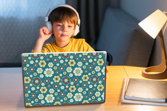 Sticker pour ordinateur portable - 14 pouces - Rétro - Fleurs - Motifs - Blauw