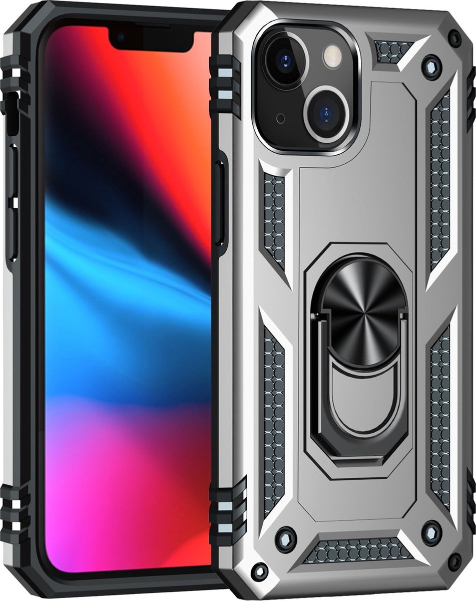 Mobigear Hoesje geschikt voor Apple iPhone 13 Telefoonhoesje Hardcase | Mobigear Armor Ring Backcover Shockproof met Ringhouder | Schokbestendig iPhone 13 Telefoonhoesje | Anti Shock Proof - Zilver