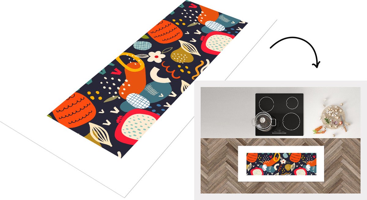 KitchenYeah Keukenloper - Loper keuken - Eten - Ananas - Drakenfruit - Abstract - Blauw - 120x50 cm - Keukenloper vinyl Multicolor