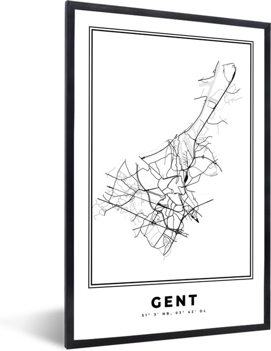 Fotolijst incl. Poster Zwart Wit- Stadskaart – Zwart Wit - Kaart – Gent – België – Plattegrond - 20x30 cm - Posterlijst